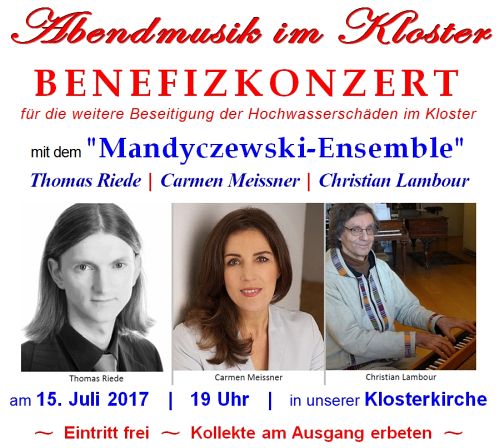 Benefizkonzert mit Thomas Riede (Countertenor), Carmen Meissner (Violine) und Christian Lambour (Orgel) in unserer Klosterkirche St. Marienthal