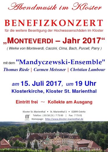 Benefizkonzert in unserer Klosterkirche St. Marienthal - am Samstag, 15.07.2017 - 19 Uhr - mit dem Mandyczewski-Ensemble (Riede, Meissner, Lambour)
