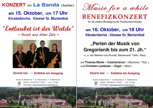 das Konzert-Wochenende bei uns im Kloster St. Marienthal, am SA 15.10. und SO 16.10.2016, in unserer Klosterkirche