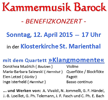 Benefizkonzert ''Kammermusik Barock'' mit dem Quartett Klangmomente im Kloster St. Marienthal