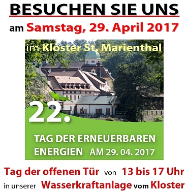 Einladung zum ''Tag der offenen Tür'' in unserer Wasserkraftanlage vom Kloster St. Marienthal