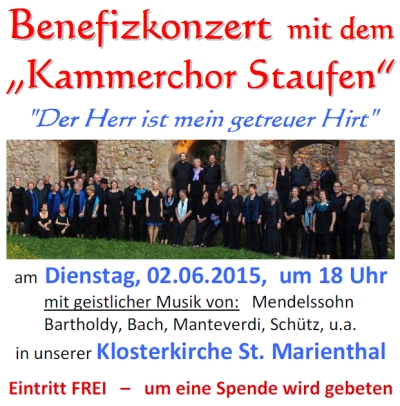 Benefizkonzert mit dem ''Kammerchor Staufen'' in unserer Klosterkirche St. Marienthal