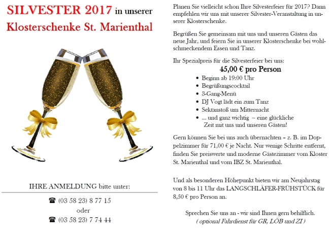 unsere Einladung zur Silvesterveranstaltung 2017 in unserer Klosterschenke St. Marienthal