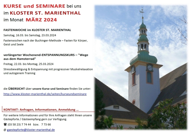 Kurse und Seminare im Monat März 2024 bei uns im Kloster St. Marienthal