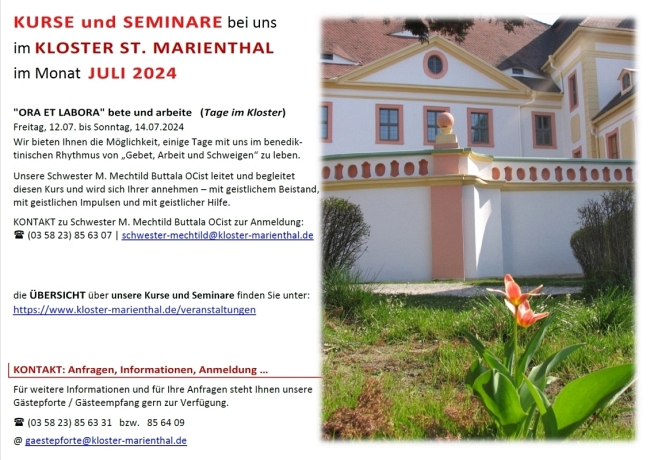 Kurse und Seminare im Monat Juli 2024 bei uns im Kloster St. Marienthal