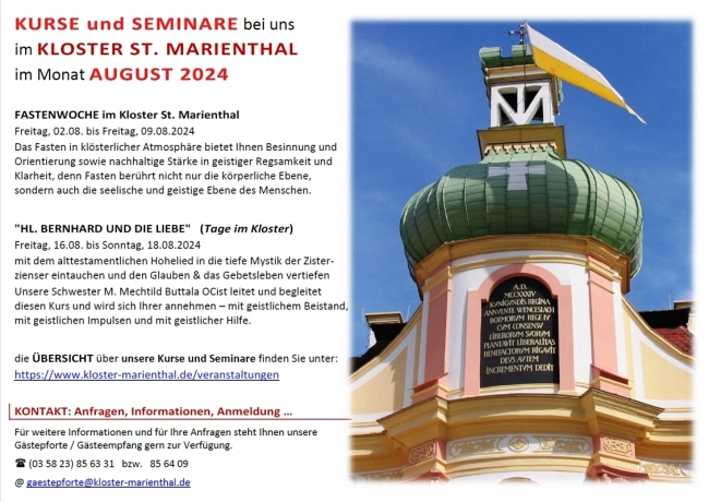 Kurse und Seminare im Monat August 2024 bei uns im Kloster St. Marienthal