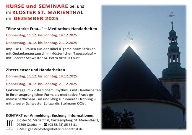 Kurse und Seminare im Monaten Dezember 2025 bei uns im Kloster St. Marienthal