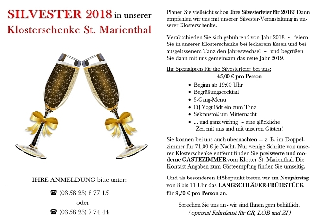 unsere Einladung zur Silvesterveranstaltung 2018 in unserer Klosterschenke St. Marienthal