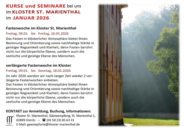 Kurse und Seminare im Monat Januar 2026 bei uns im Kloster St. Marienthal