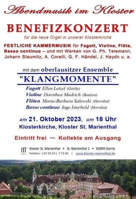 BENEFIZKONZERT für die neue Kloster-Orgel mit dem oberlausitzer Ensemble KLANGMOMENTE am Samstag, den 21.10.2023, ab 18 Uhr, in unserer Klosterkirche