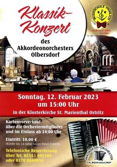 Klassik-Konzert im Kloster St. Marienthal, mit dem Akkordeon-Orchester Olbersdorf, am Sonntag, 12.02.2023, ab 15 Uhr, in unserer Klosterkirche